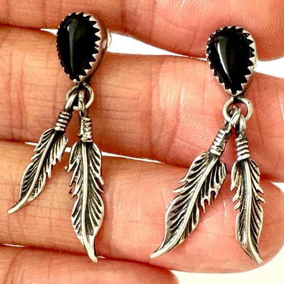 Native American Navajo Indian Turquoise Jewelry Jewelry - VTG Navajo Earrings Black Onyx Feather Post Dangle Sterling Native American USA